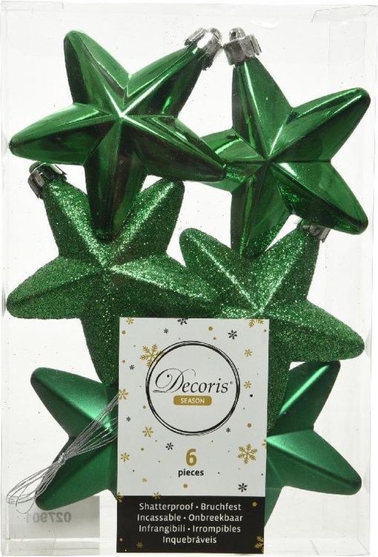 6x Kerstgroene sterren kerstballen/kersthangers 7 cm - Glans/mat/glitter - Kerstboomversiering kerst groen