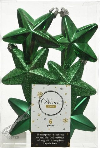 6x Kerstgroene sterren kerstballen/kersthangers 7 cm - Glans/mat/glitter - Kerstboomversiering kerst groen