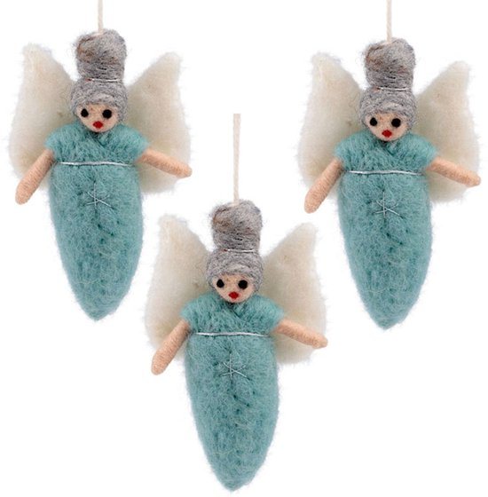Wolvilt Hangers Engeltjes - IJsblauw - Set 3 stuks - Fairtrade Homedeco - 13x7cm