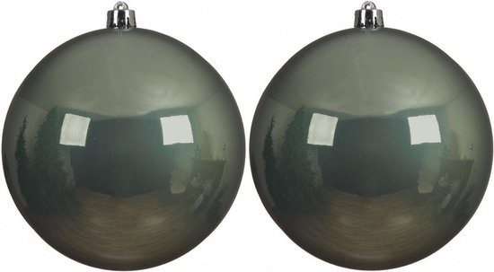 2x Grote salie groene kunststof kerstballen van 14 cm - glans - salie groene kerstboom versiering
