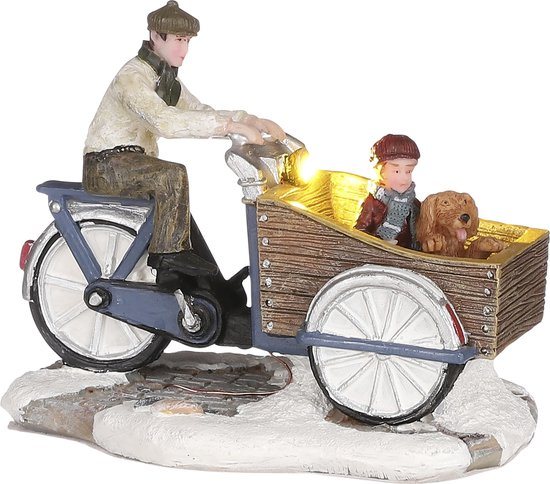 LuVille Kerstdorp Miniatuur Bakfiets Familie - L10 x B6 x H7,5 cm