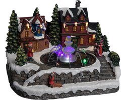 Feeric Lights & Christmas Kerstdorp tafereel - huisjes met fontein - led licht- 24 cm