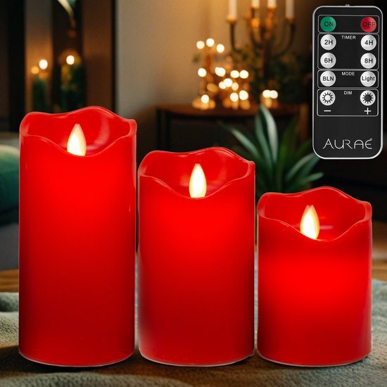 Aurae Led Kaarsen met Bewegende Vlam - 3x - Echte Wax - Afstandsbediening - 180+ branduren - op Batterijen - Flikkerende Vlam - Timer - Kerst Kaarsen - kerst verlichting