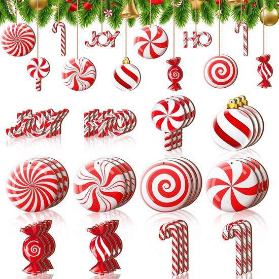 36 Kerstboomversieringen - Kerstversieringen - Kerstversieringssets - Hangende kerstboomversieringen met touwtje - Kerstboomversieringen - Klassieke kerstboomversieringen - Kerstboom voor snoepfeest - Rood