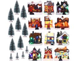 12-Delige LED Kerstdorp Set met Verlichte Huisjes en Bomen - Winterdecoratie