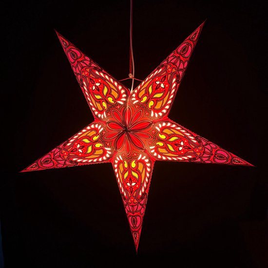 Kerstster papier met verlichting - 60 cm diameter, 24 cm diep - Kerst ster voor binnen - Ganesha Rood - FSC papier - Incl. 3 m. snoer met stekker, schakelaar en E14-fitting - Kerst Raam decoratie - Kerstversiering - Kerstverlichting