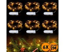Kerstverlichting op batterij, 6 stuks, 2 meter 20 LEDs, Warm Wit, Lichtsnoer type Nano Koperdraad, Kerstboomverlichting, Inclusief CR2032 batterijen, Lichtslinger geschikt voor binnen, kerstverlichting led