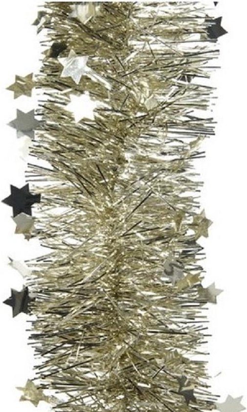 2x Kerstslingers glitter sterren champagne beige 10 cm breed x 270 cm - Guirlande folie lametta - Champagne beige kerstboom versieringen