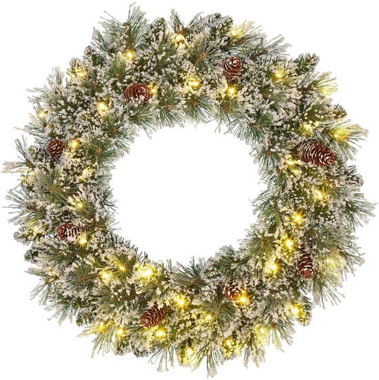 Black Box Trees Vandans LED Kerstkrans - Kerstversiering met Sneeuw en Dennenappels - Deurkrans voor Binnen met Verlichting Ø60 cm op Batterijen - Groen Frosted