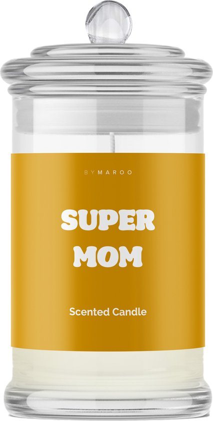 Super Mom - Grappige Geurkaars Cadeau voor Vrouw - Geurkaars in Glas met Tekst - Verjaardag Cadeau mama, vrouwen, moeder, vriendin - Superman - Happy Birthday - Verwenpakket Vrouw Cadeautje voor Haar Volwassenen
