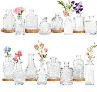 16 stuks Kleine Vaasjes Glazen Klein Mini Bloemenvaas Met Gesneden Versieringen Bloemstukken Vazen Vintage Tafeldecoratie Voor Thuis, Bruiloften, Verjaardagen, Feesten (Transparant) NAIZY