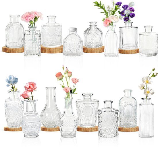 16 stuks Kleine Vaasjes Glazen Klein Mini Bloemenvaas Met Gesneden Versieringen Bloemstukken Vazen Vintage Tafeldecoratie Voor Thuis, Bruiloften, Verjaardagen, Feesten (Transparant) NAIZY