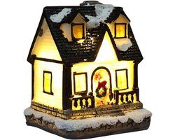 TheLau - Kerstdorp met verlichting en LED-kerstlantaarn - Amerikaanse kerstdecoratie voor bureau - Miniatuur kersthuis op batterijen met hars ornament