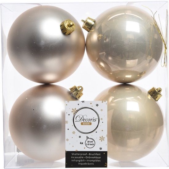 Decoris Kerstballen - 4x st - licht parel/champagne - 10 cm - kunststof - kerstversiering
