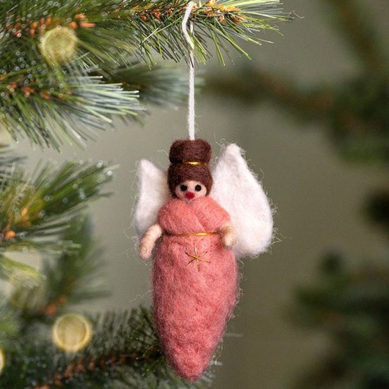 Wolvilt Hanger Engeltje Kerst - Oudroze - Fairtrade Homedeco - 13x7cm