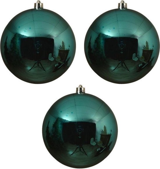 3x Grote turquoise blauwe kunststof kerstballen van 14 cm - glans - turquoise kerstboom versiering