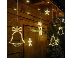 Giftmas Lichtgordijn – 120 LED Hangdecoratie – Warm Wit – Klokken en Sterren – Kerst en Raamdecoratie – Voor Binnen en Buiten - Kerstversiering - 2.5M
