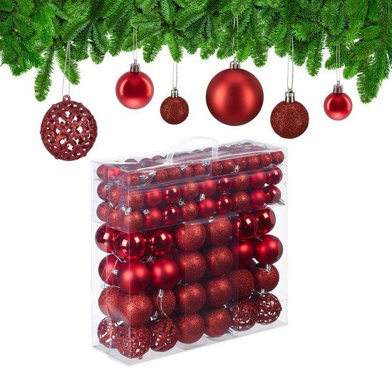 kerstballen - set van 150 - mat - glanzend - glitters - plastic - ∅ 3, 4, 6 cm - rood