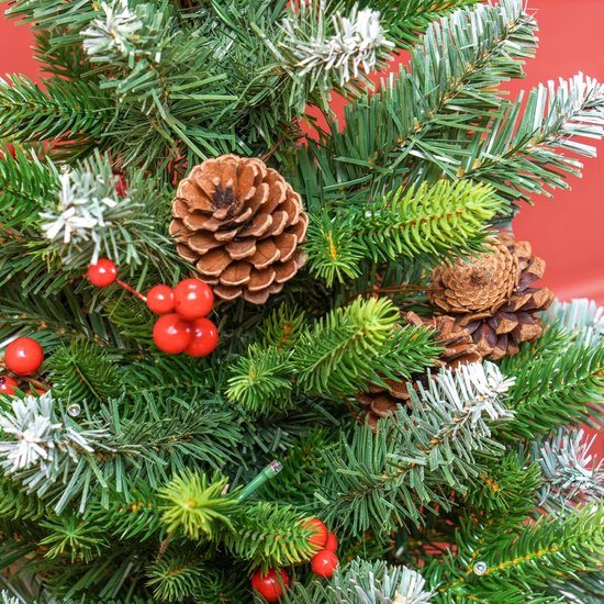 Kunstkerstboom, 50 cm, mini-kerstboom, ornamenten, kerstdecoratie met ledlicht, 141 punten, dennenappels en rode bessen, betonnen basis, groen
