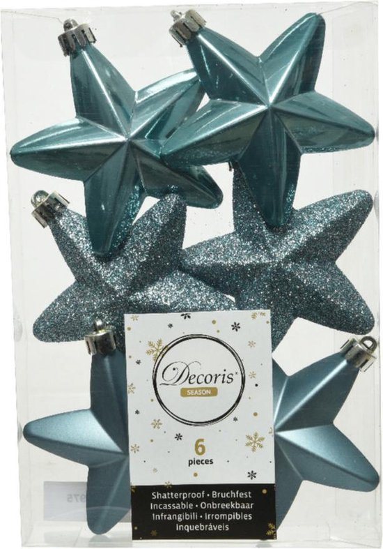 6x stuks kerstornamenten kunststof sterren kerstballen ijsblauw (blue dawn) 7 cm