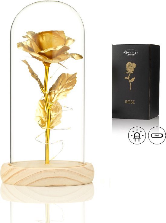 Luxe Roos in Glas met LED – Gouden Roos in Glazen Stolp – Moederdag - Cadeau voor vriendin moeder haar - Goud - Lichte Voet – Qwality