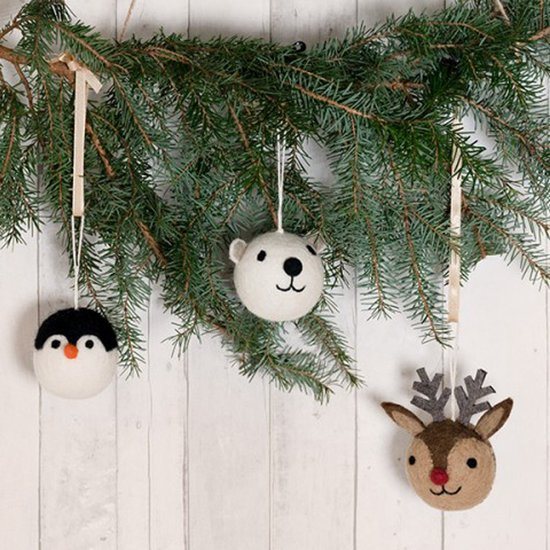 Kerstballen Vilt Complete Set - Winterdieren - 8cm - 3 Stuks - Fairtrade