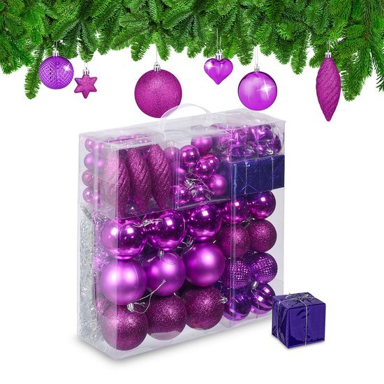 kerstballen - set van 110 - met slinger - plastic - onbreekbaar - paars