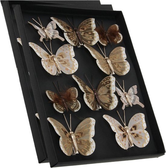 Othmar Decorations vlinders op clip - 20x - creme/bruin- 5-8 cm - kunststof