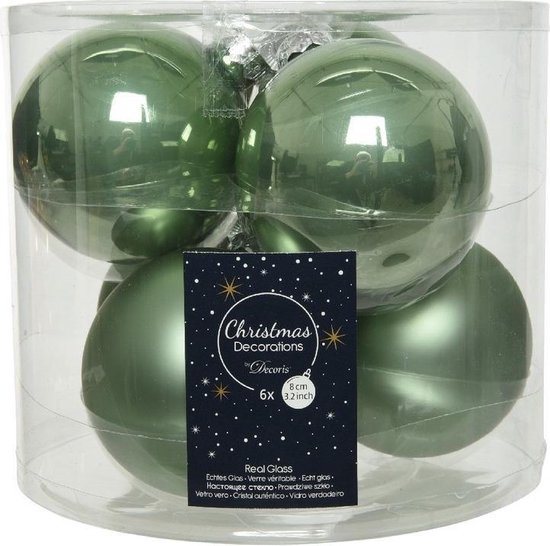 6x Salie groene glazen kerstballen 8 cm - glans en mat - Glans/glanzende - Kerstboomversiering salie groen