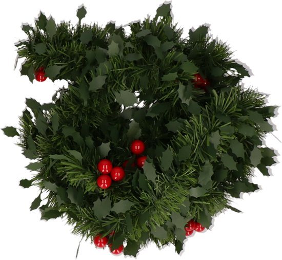 Kerstslinger - Groen - Met hulst en besjes - 270 x 7,5 cm - Kerstversiering slingers