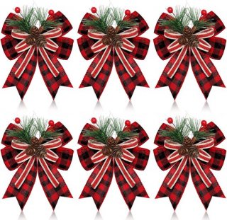 6 Stuk Rood Kerststrikken - Geruite Lintstrikken met Dennenappels - Geruite Strikken - Kerst Decoratie Strikjes - Kerstversiering - Kerstboom Decoratie - Kerststrikjes - Kerstsfeer - Christmas - Voor Kerstfeest, Kerstboom, Binnen, Knutselen