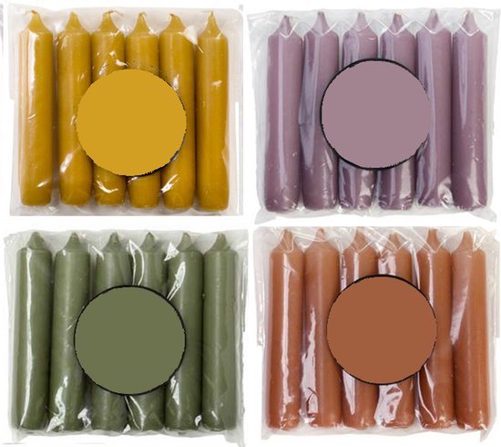 Cactula Luxe Korte Dinerkaarsen – 24 Stuks – Ø 2.1 x 12 cm – Trendy Winter 2025/2026 Kleuren – Colorful Mix - Natur, Mauve, Thyme, Siena