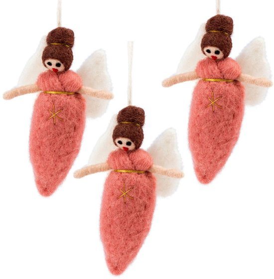 Wolvilt Hangers Engeltjes - Oudroze - Set 3 stuks - Fairtrade Homedeco - 13x7cm