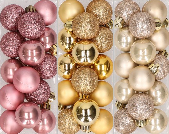 42x stuks kleine kunststof kerstballen mix champagne, goud en oudroze 3 cm - kerstversiering,