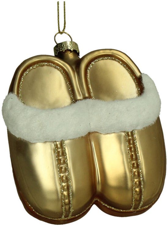 HD Collection glazen kerst ornament kersthanger Pantoffels goud 10 cm uit de collectie The Christmas Vintage Shop