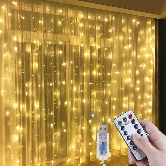 LED Lichtgordijn Warm Wit 3m x 3m - 300 LED LED Lichtgordijn Wit 2025 MET HAAK - Led gordijn kerst - USB - led gordijn lichtjes - led gordijn 3x3 meter - 300 leds