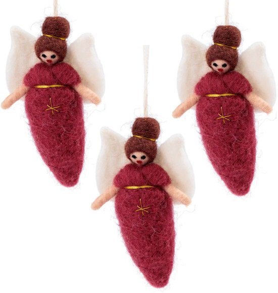 Wolvilt Hangers Engeltjes - Cyclaam - Set 3 stuks - Fairtrade Homedeco - 13x7cm