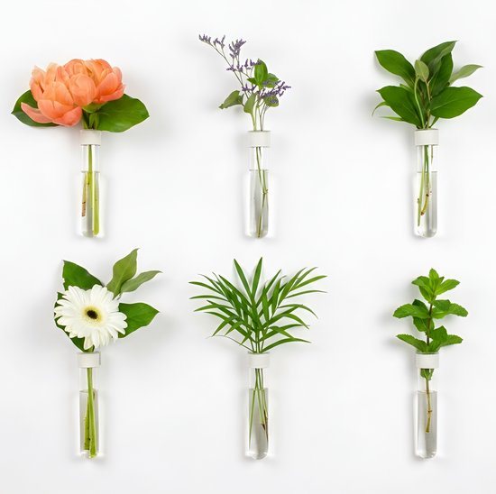 TWILG - Magnetische Muurvaasjes - 6 Stuks - Stek vaasjes - Glas - Wit leer - Stekjes - Moederdag - Moderne vaas - Stekstation - Wandvaas - Droogbloemen - Reageerbuisjes