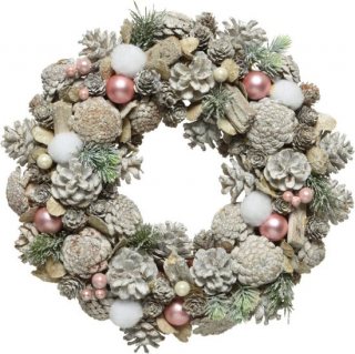 Kerstkrans/dennenkrans white wash met sneeuw en versiering 34 cm - Dennenkransen/deurkransen kerstversiering