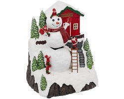 Feeric Christmas Kerstdorp kerst tafereel - huis met sneeuwpop - met beweging en led verlichting - 26 cm