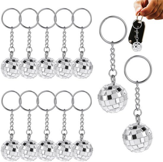 12 stuks - Discobal sleutelhanger - Discobal feestcadeau sleutelhanger - 70s disco sleutelhanger - Zilveren spiegelbol sleutelhanger - Bolvormige feestbenodigdheden - 70s feestcadeauset - Geschikt voor Halloween- en kerstfeestdecoraties