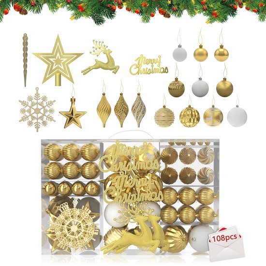 108 Stuks Kerstballen Kleine Kerstboomballen Kunststof Met Hangketting Kerstdecoratie Ballen Kerstversiering Deko Kerstboomversiering, Goud