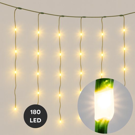 Lomera Ijspegel Verlichting - Ijspegelverlichting - Kerstverlichting - Lichtgordijn Buiten - 180 LED - Extra Warm Wit - Kerstverlichting Binnen en Buiten - Ip44 LED - 3.5 Meter - 8 Lichtfuncties - Groene Kabel - Soft Wire
