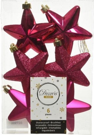 6x Bessen roze sterren kerstballen/kersthangers 7 cm - Glans/mat/glitter - Kerstboomversiering bessen roze