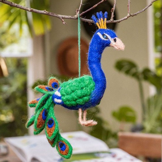 Wolvilt Vogel Pauw - Blauw&Groen - Fairtrade Homedeco - 12x19x6cm