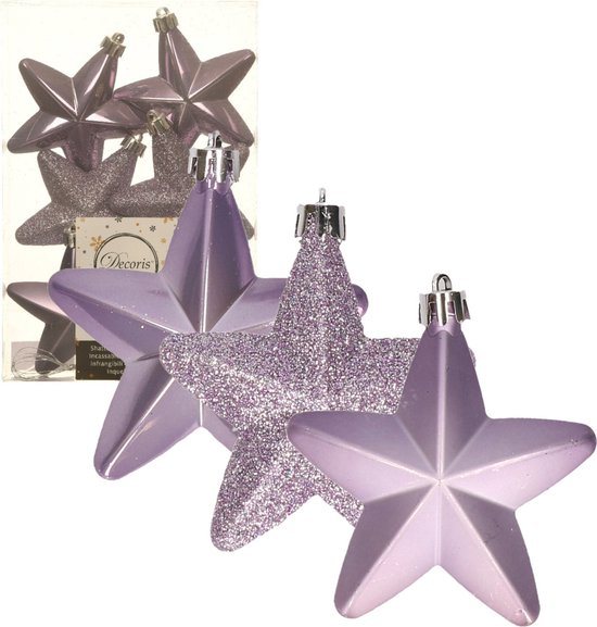 Decoris kersthanger sterren - 6x st - lila paars - 7 cm - kunststof - kerstornamenten - kerstversiering