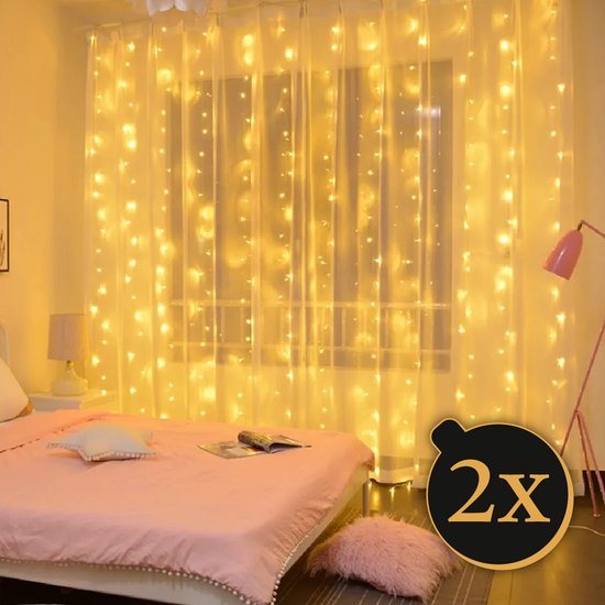 Kerstverlichting LED- Set van 2 - Kerstlampen - Lampengordijn - Lampen voor in het gordijn - Met afstandsbediening - Warm Licht - Versiering