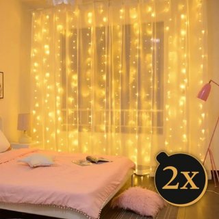 Kerstverlichting LED- Set van 2 - Kerstlampen - Lampengordijn - Lampen voor in het gordijn - Met afstandsbediening - Warm Licht - Versiering