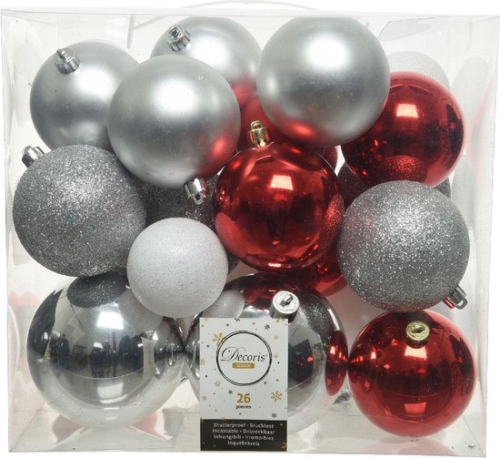 Decoris Kerstballen - 26x st - zilver, rood en wit - 6-8-10 cm - kunststof - kerstversiering