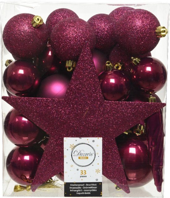 Decoris kerstballen set - 34-dlg - framboos roze - incl. piek - kunststof - kerstversiering